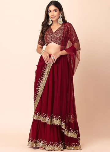 Georgette Embroidered Maroon Traditional Indian Wear Lehenga Choli